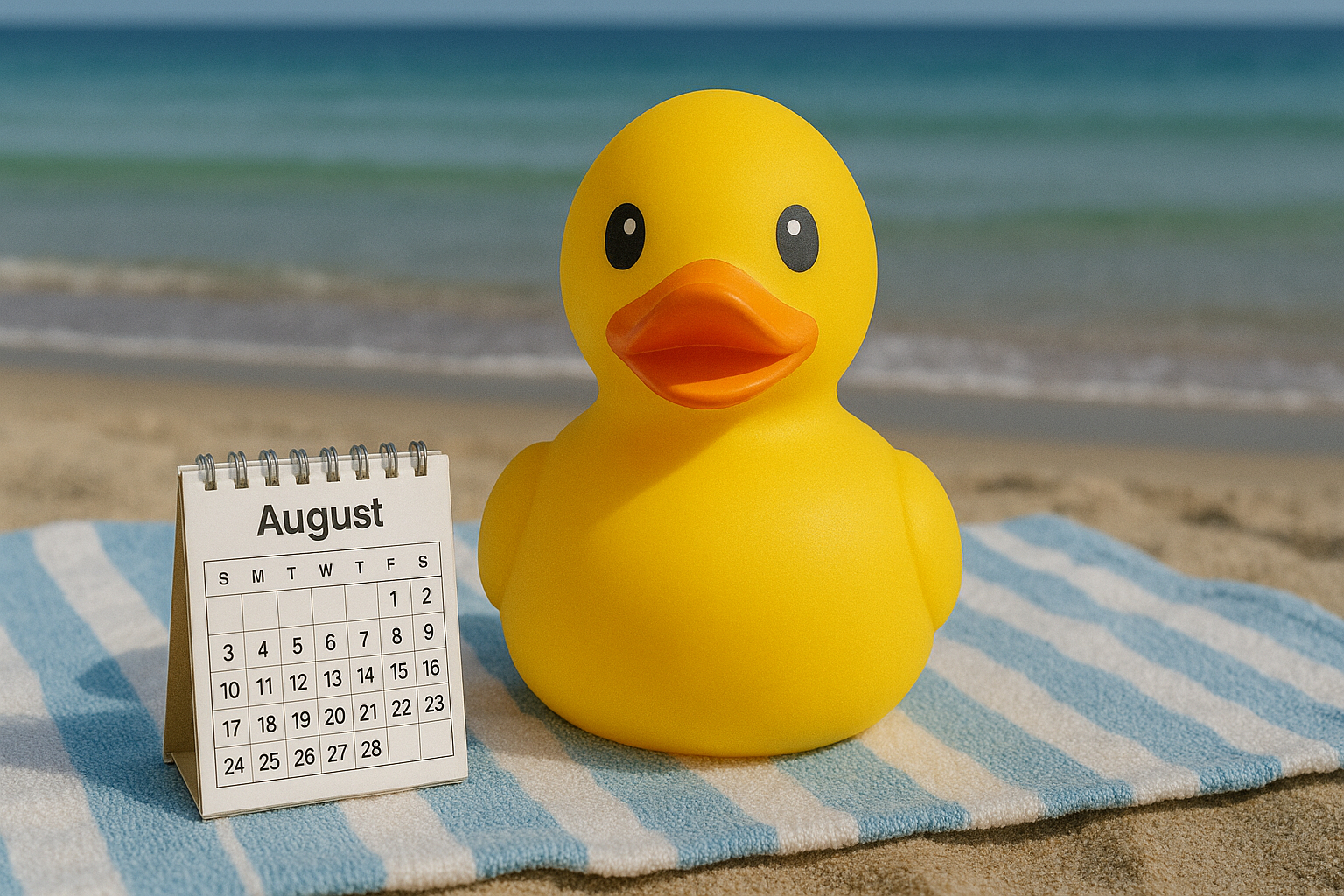 Rubber duck on a beach towel with a laptop