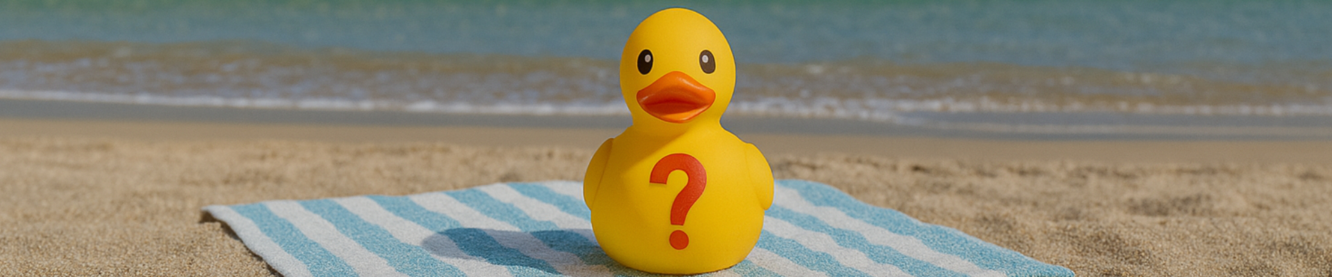 Rubber duck on a beach towel with a laptop