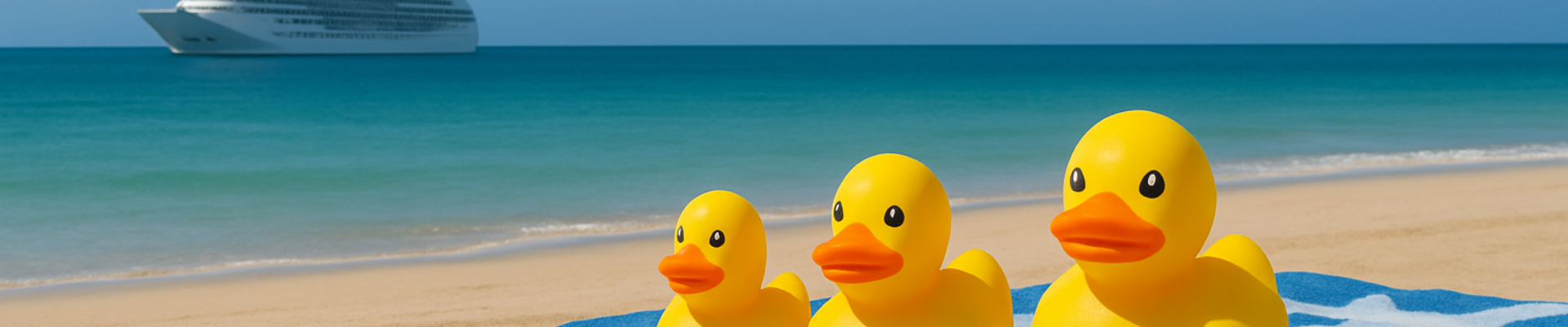 Three rubber ducks on a beach towel with cruise ship in distance