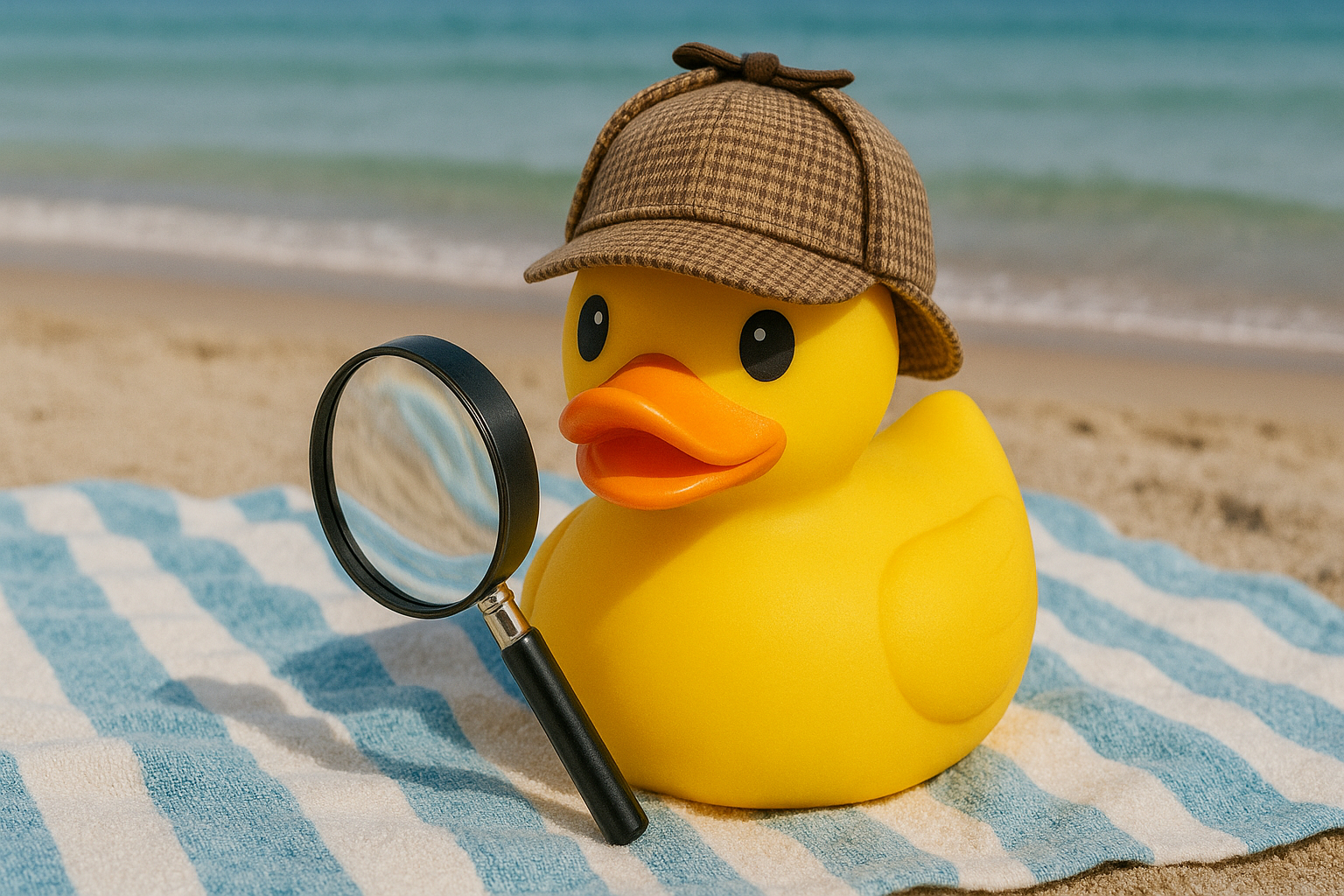 Rubber duck on a beach towel with a laptop