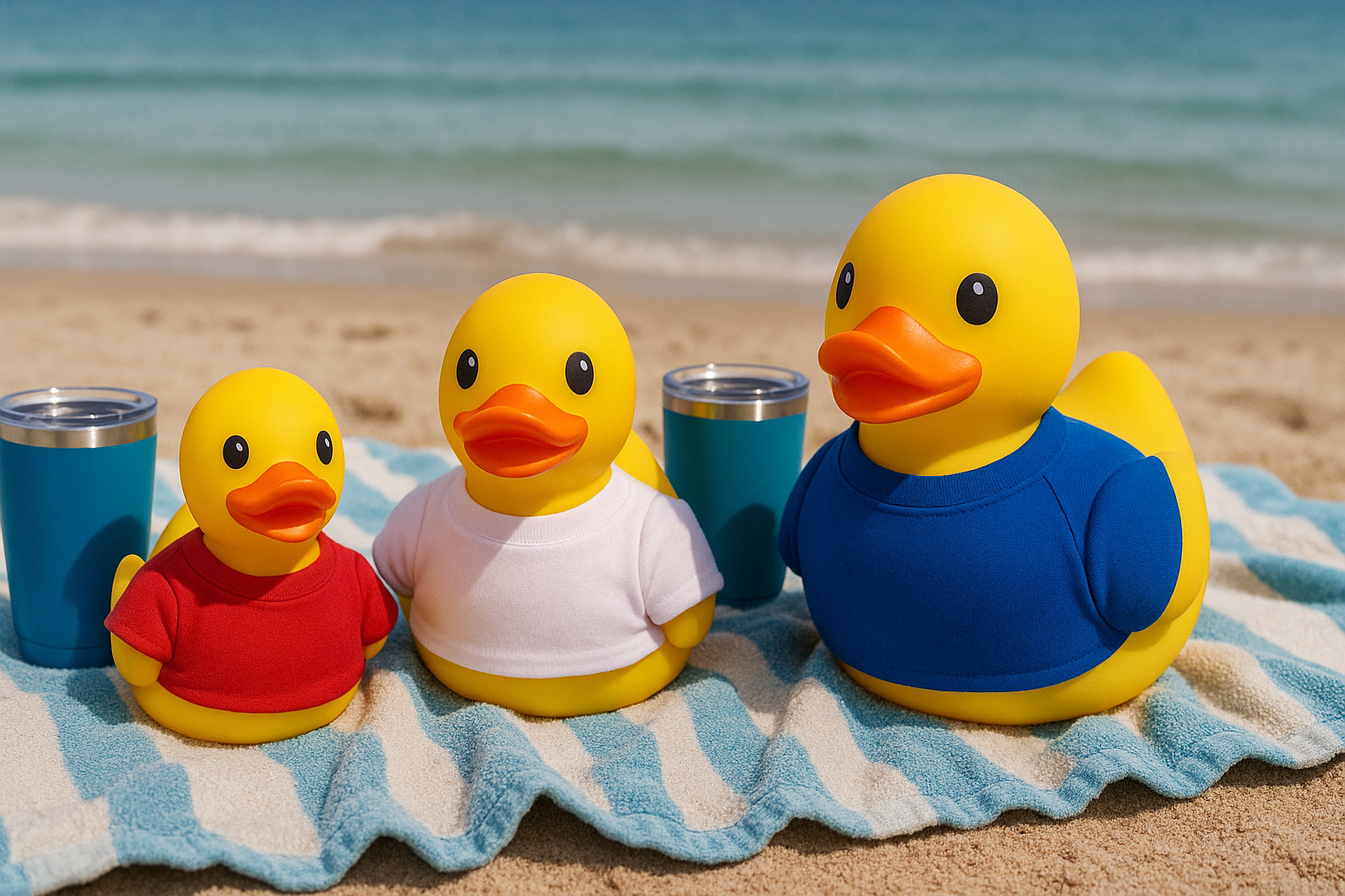 Rubber duck on a beach towel with a laptop